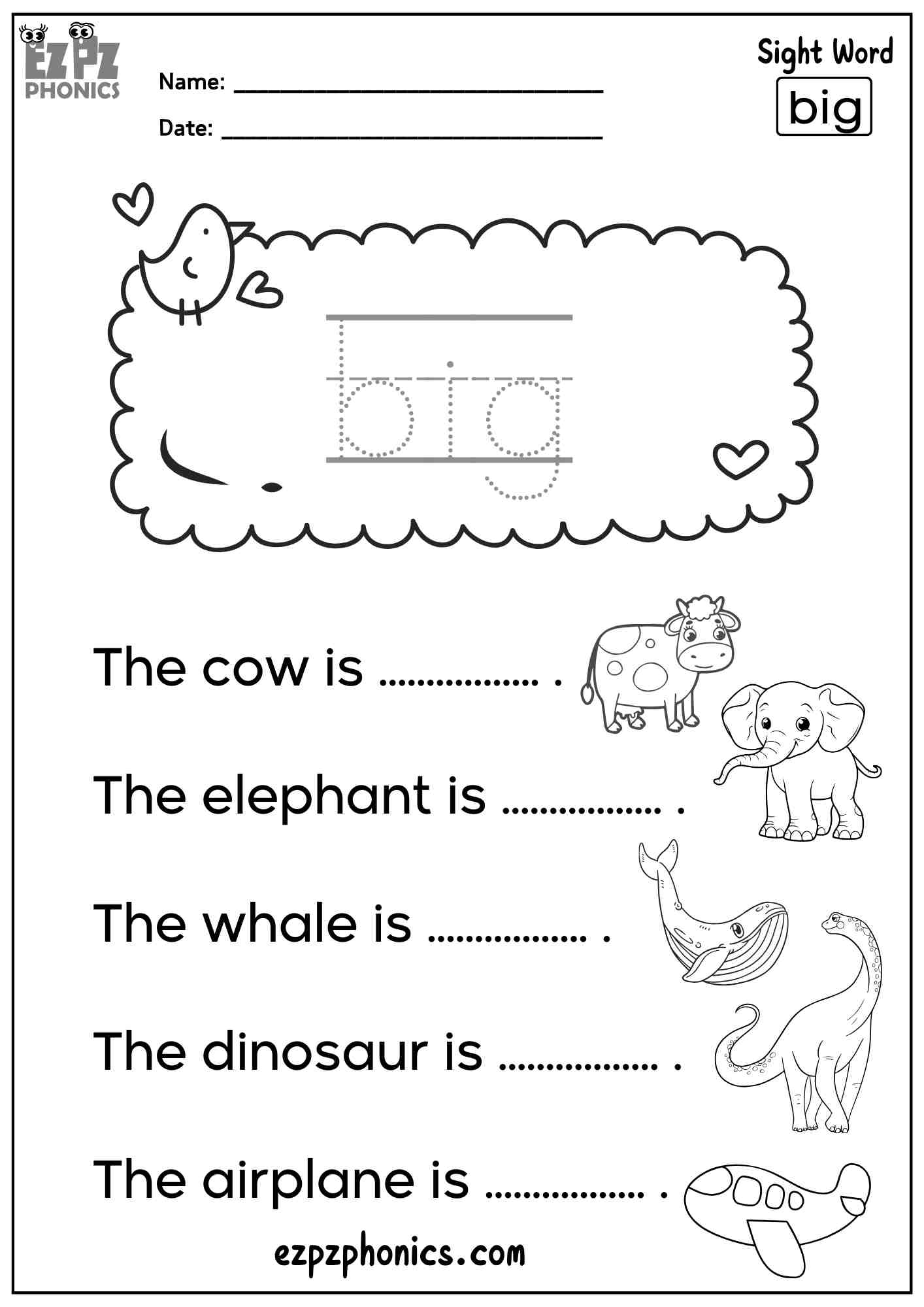 The Word “Big” - Dolch Pre-Kindergarten Sight Words Sentences Worksheet – Free PDF Download For Members
